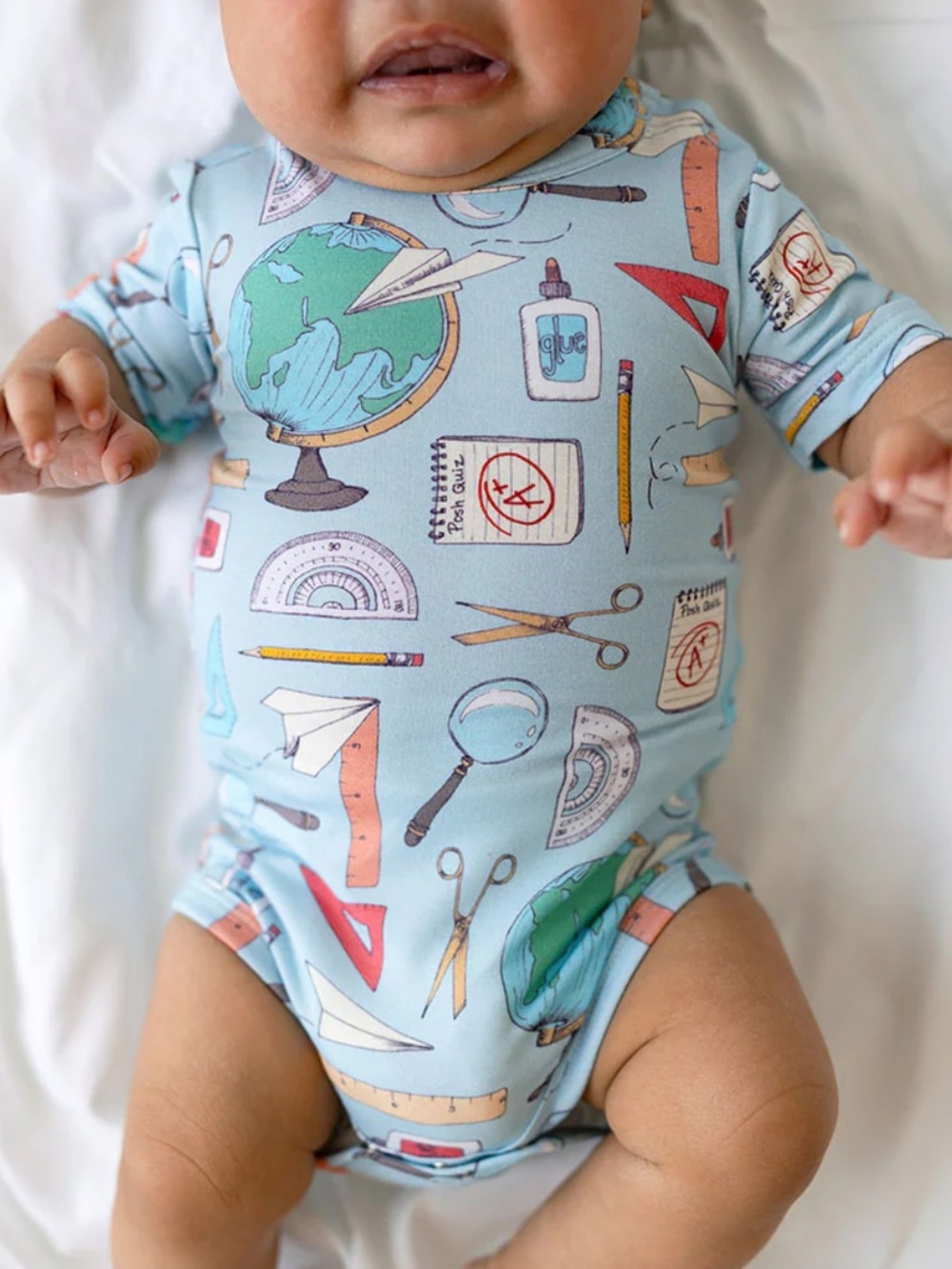 Posh Peanut Classic Kids Bodysuit in Light Blue with School Print